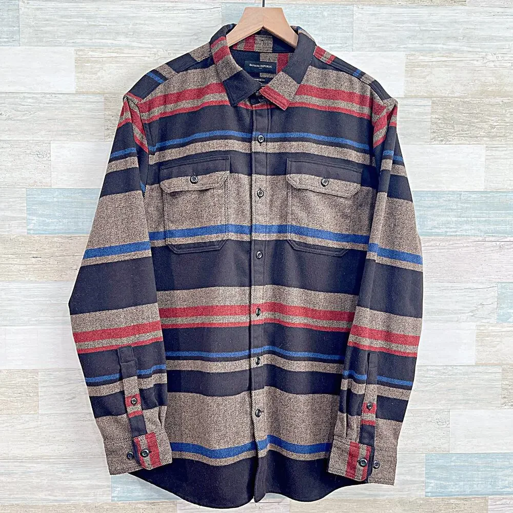 Banana Republic Striped Melton Thick Flannel Shirt Brown Blue Wool Blend Mens XL